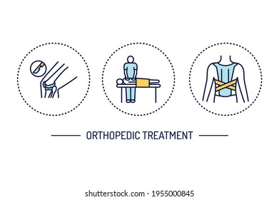 Orthopedic treatment line color icons set. Rehabilitation after injuries. Isolated vector element