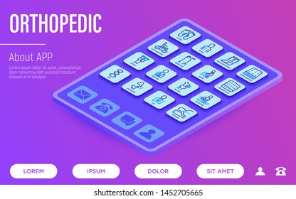 Orthopedic website template with tablet and thin line isometric icons. Flat foot, scoliosis, compression stockings, mattress, pillow, electric wheelchair, walking stick. Vector illustration.