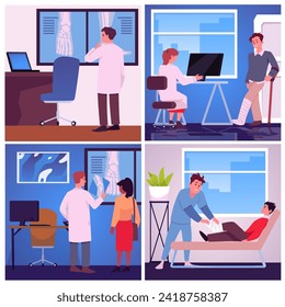 Orthopedical doctor therapy poster set. Orthopedist receive patients, provide consultations, examine X-ray, injured leg treatment. Flat vector illustration designs.