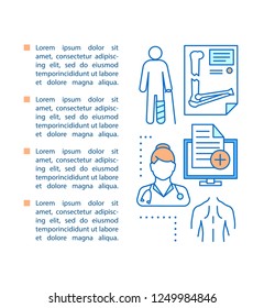 Orthopedics article page vector template. Medicine and healthcare. Trauma, injury. Brochure, magazine, booklet design element with linear icons and text boxes. Concept illustrations with text space