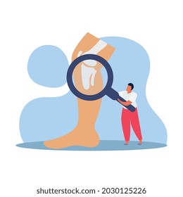 Composición plana de la clínica ortopedia con vidrio de mano del hombre con huesos en ilustración vectorial de la pierna humana