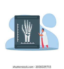 Composición plana de la clínica ortopedia con radiogramo de mano humana con huesos y pequeña ilustración del vector de carácter médico