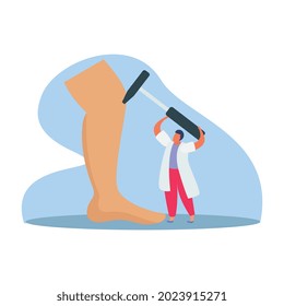 Orthopedics clinic flat composition with small character of doctor examining patients knee with hammer vector illustration