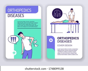 Orthopedics diseases and physiotherapy web banner brochures template. Man with back pain and doctor massages patient. Print design with linear illustrations cartoon character on turquoise background