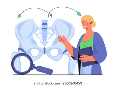 Concepto de médico ortopedista. Mujer con lupa cerca del esqueleto. Material didáctico de anatomía y biología, experimento científico. Atención y tratamiento de la salud. Dibujo vectorial plano de dibujos animados