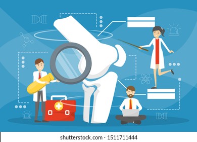 Orthopedics doctor. Idea of joint and bone treatment. Human anatomy, knee part. Vector illustration in cartoon style