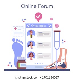 Orthopedics doctor online service or platform. Idea of joint and bone treatment. Human anatomy and bone structure. Online forum. Vector flat illustration