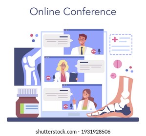 Orthopedics doctor online service or platform. Idea of joint and bone treatment. Human anatomy and bone structure. Online conference. Vector flat illustration