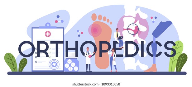 Orthopedics doctor typographic header. Idea of joint and bone treatment. Human anatomy and bone structure. Orthopedic gymnastics treatment. Vector illustration in cartoon style
