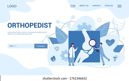 Orthopedics doctor web banner. Idea of joint and bone treatment. Human anatomy, knee part. Vector illustration in cartoon style