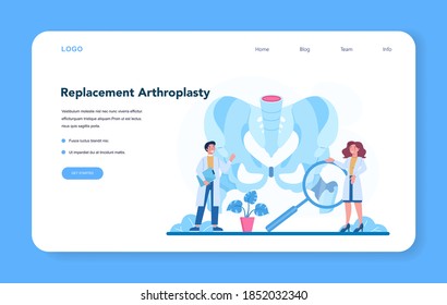 Orthopedics Doctor Web Banner Or Landing Page. Idea Of Joint And Bone Treatment. Human Anatomy And Bone Structure. Arthroplasty Joint Replacement. Vector Illustration In Cartoon Style