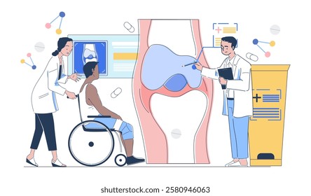 Orthopedics doctors team. Man and woman in medical uniform near knee scan. Diagnosis and treatment. Injury and trauma. Prevention of arthritis. Linear vector illustration