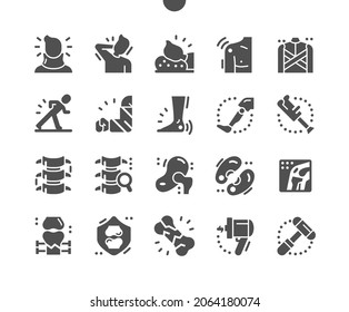 Orthopedics. Health care, medical and medicine. Neck discomfort. Elastic bandage. Osteosynthesis. Orthopedic hammer. Vector Solid Icons. Simple Pictogram