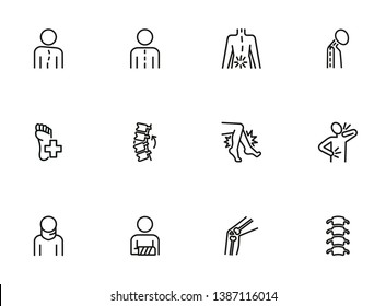 Orthopedics icon set. Line icons collection on white background. Spine, bone, fracture. Medicine concept. Can be used for topics like healthcare, diagnosis, osteoporosis