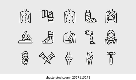 Orthopedics icons. Set of 15 orthopedics trendy minimal icons. Example: Spine, Back, Corset, Cast, Bone Joint icon. Design signs for web page, mobile app, packaging design. Vector illustration.