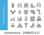 Orthopedics icons. Set of 20 orthopedics trendy minimal icons. Example: Spine, Back, Corset, Cast, Bone Joint icon. Design signs for web page, mobile app, packaging design. Vector illustration.