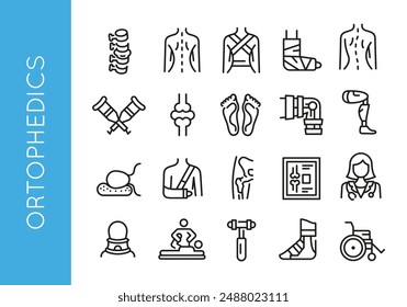 Orthopedics icons. Set of 20 orthopedics trendy minimal icons. Example: Spine, Back, Corset, Cast, Bone Joint icon. Design signs for web page, mobile app, packaging design. Vector illustration.