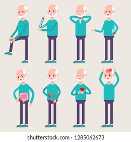 Orthopedics and injuries of the elderly people. Vector cartoon old man character set with diseases and traumas of internal organs and bones isolated on background.