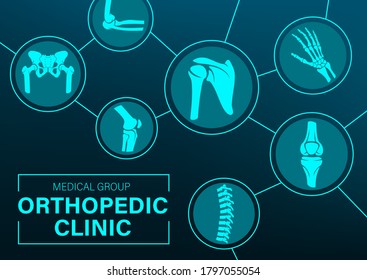 Orthopedics joints and rheumatic disorder medical health care. Vector human skeleton parts hand, foot and pelvis, spine. Knee and shoulder joints orthopedy clinic mri tomography images medicine poster