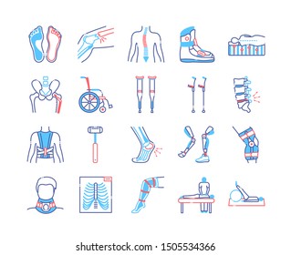 Orthopedics line color icons set. Rehabilitation after injuries. Musculoskeletal system treatment. Mobility aid concept. Sign for web page, mobile app. Vector isolated button. Editable stroke.