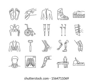 Orthopedics line color icons set. Rehabilitation after injuries. Musculoskeletal system treatment. Mobility aid concept.