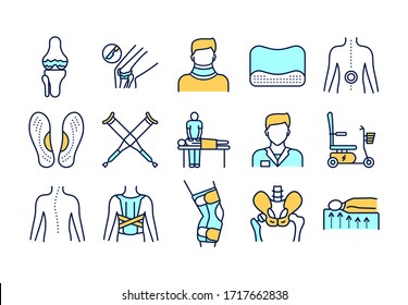 Orthopedics line color icons set. Rehabilitation after injuries. Isolated vector element. 