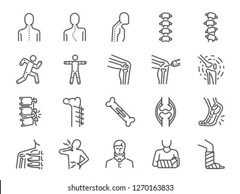 Orthopedics line icon set. Included the icons as osteoarthritis, medical rehab, plantar fasciitis, back injuries, Fracture and more.