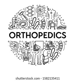 Orthopedics line icons, injury medical rehabilitation emblem vector. Crutches, scoliosis and medical hammer, orthopedical insoles and walker. Boots and spine, sole fixation and orthopedic mattress