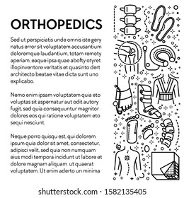 Orthopedics line icons, injury rehabilitation tools poster vector. Scoliosis treatment and curved spine, orthopedical insoles and travel pillow. Knee joint, sole fixation and orthopedic mattress