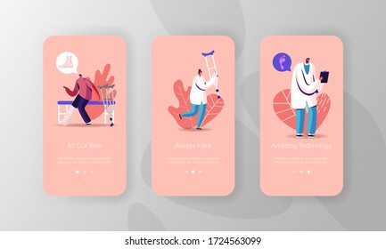 Orthopedics Medical Concilium, Healthcare Mobile App Page Onboard Screen Template. Doctor Traumatologist Characters, Patient on Crutches Fracture Treatment Concept. Cartoon People Vector Illustration