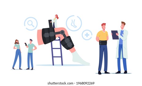 Orthopedics Medical Healthcare Concept. Tiny Orthopedist Doctor Character at Huge Leg with Bandage Brace for Bones Fracture Treatment. Diseased Patients Visit Hospital. Cartoon Vector Illustration