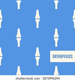 Orthopedics medical pattern of knee joint bones on blue background. Musculoskeletal system disorders treatment concept. Human body anatomy icon. Vector illustration.