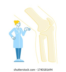 Orthopedics and Podiatry Medical Healthcare Concept. Doctor Orthopedist Character Stand at Huge Foot with Knee Joint Bones X-ray Picture. Patient Treatment in Hospital. Linear Vector Illustration