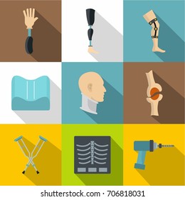 Orthopedics prosthetics icon set. Flat style set of 9 orthopedics prosthetics vector icons for web design