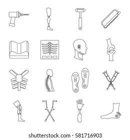 Orthopedics prosthetics icons set. Outline illustration of 16 orthopedics prosthetics vector icons for web