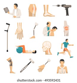 Orthopedics and prosthetics medicine isolated icons with bones of vertebral column arm and foot prosthesis and medical hammer and drill vector illustration
