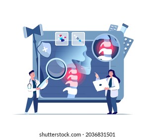 Orthopedics Scientists Surgeons Doctors Examine Neck,Spine Arthritis Inflammation,Osteoarthritis Pain.Osteochondrosis Spine Spondylosis.Clinical Investigation.Medical Council Diagnostics.Illustration.