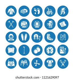 Orthopedics, trauma rehabilitation glyph icons. Crutches, mattress pillow, cervical collar, walkers, medical rehab goods. Health care signs for clinic, hospital. Solid silhouette pixel perfect 64x64.
