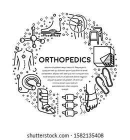Orthopedics, trauma rehabilitation line icons, emblem or poster vector. Spine and crutches, scoliosis and medical hammer, orthopedical insoles and walker. Boots and joint, sole fixation and mattress