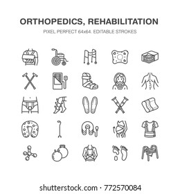 Orthopedics, trauma rehabilitation line icons. Crutches, mattress pillow, cervical collar, walkers, medical rehab goods. Health care thin linear signs for clinic and hospital. Pixel perfect 64x64. svg