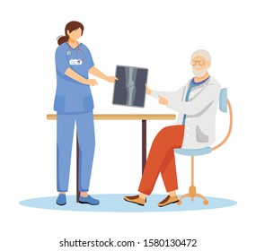 Orthopedics And Traumatology Flat Vector Illustration. Podiatrist With Nurse Cartoon Character. Physician, Doctor Holding Xray. Bone Fracture, Joint Disease Treatment. Traumatologist Isolated On White