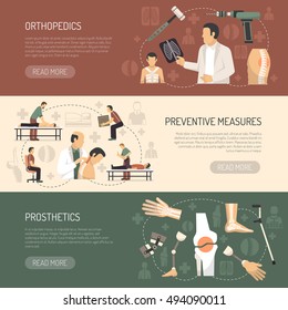 Orthopedics and traumatology horizontal banners with advertising of prosthetics and preventive measures flat vector illustration 