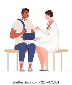 Orthopedics and traumatology. Patient with injured arm in bandage at doctor's appointment. Consultation and treatment. Vector illustration. Flat cartoon characters.