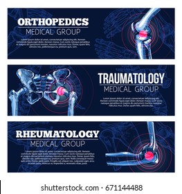 Orthopedics, Traumatology And Rheumatology Medical Banners Set. Vector Design Of X-ray Bones And Joints Of Human Body Legs Knee Or Foot, Spine And Arm Hand Or Wrist And Shoulder Arthritis And Trauma