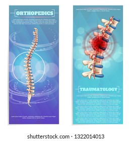 Orthopedics and Traumatology Set Flat Banner on Blue Background. Prevention Diagnosis and Treatment. Deformities and Spinal Disorders. Study Various Traumatic Effects Consequences Injuries.