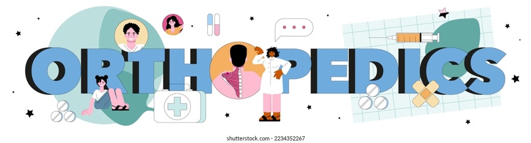 Encabezado tipográfico ortopedia. Idea del tratamiento del sistema esquelético humano. Anatomía humana y estructura ósea. Diagnóstico de osteocondrosis y miositis. Ilustración vectorial plana