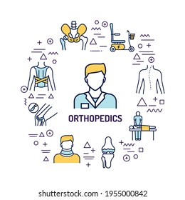 Orthopedics web banner. Infographics with linear icons on white background. Creative idea concept. Isolated outline color illustration.
