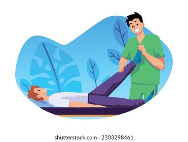 Orthopedist conducts physiotherapy session, flat vector illustration isolated on white background. Man laying during injury rehabilitation massage and exercise.