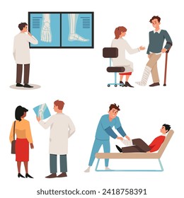 Los ortopedistas consultan y tratan a las personas en conjunto. El médico ortopedista examina las imágenes de rayos X y ayuda al paciente. Diseño de ilustración plana vectorial para afiches, banner.