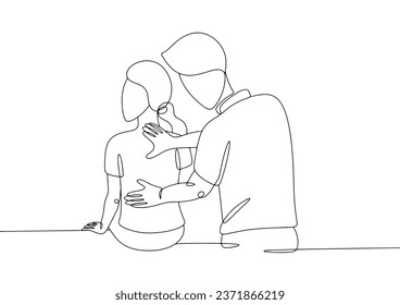 An orthopedist examines a woman's back to check for scoliosis. International Orthopaedic Nurses Day. One line drawing for different uses. Vector illustration.